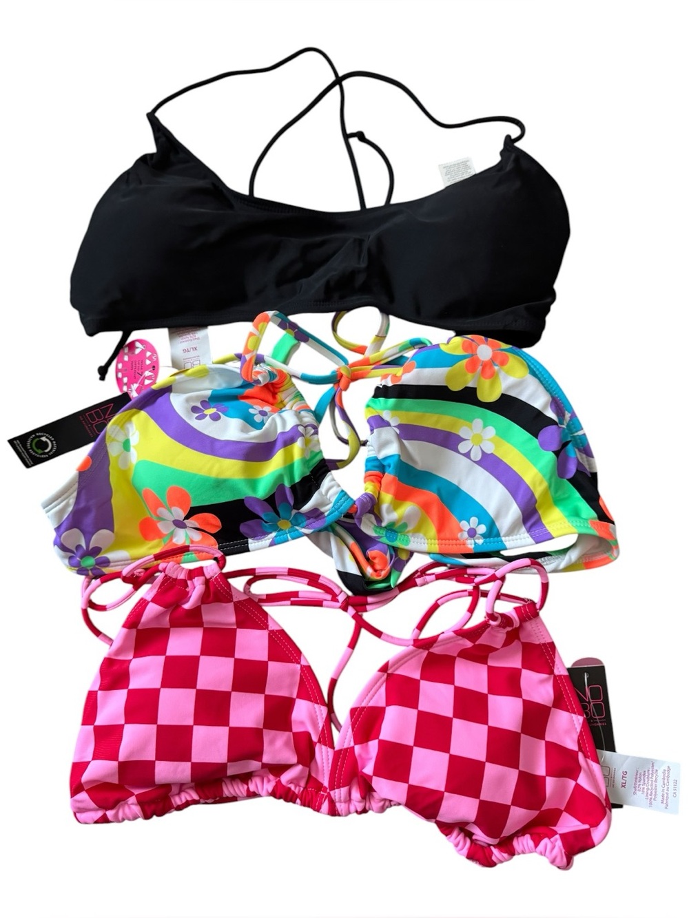 NOBO NWT Juniors Lot 3 Bikini Tops XL Halter Triangle Checkered Rainbow